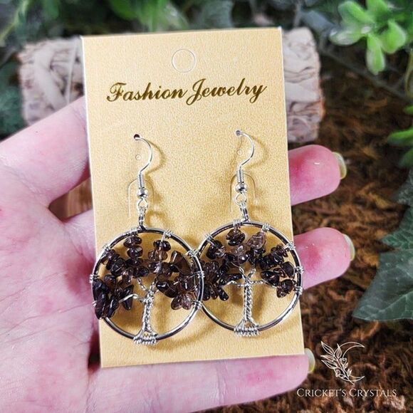 Smoky Quartz Tree of Life Earrings #3 - Picture 2 of 2